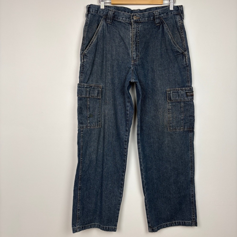 Wrangler Men Cargo Jeans 34x30 Blue Denim Utility Workwear Relaxed Western Baggy - Picture 1 of 14